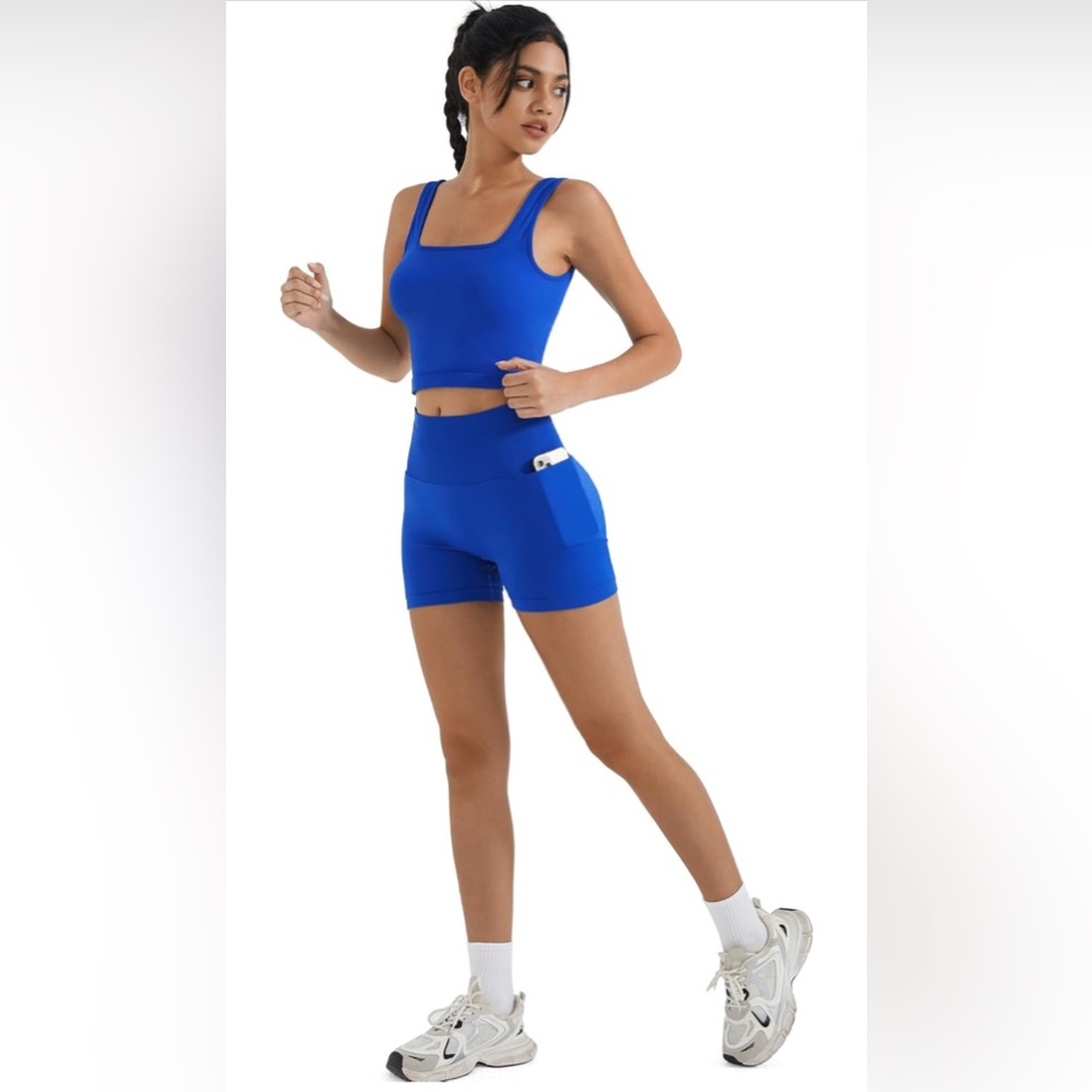 Women 2 Piece Workout Set Butt Lifting Biker Shorts Square Neck Tank Size Large